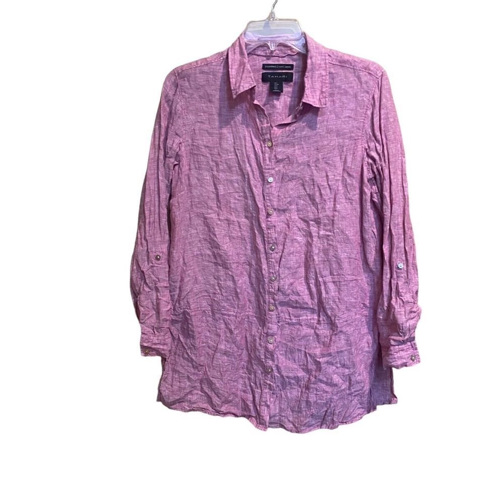 Tahari Women's Linen Long Sleeve Button Up Roll Tap Shirt Tunic Pink Size Small
